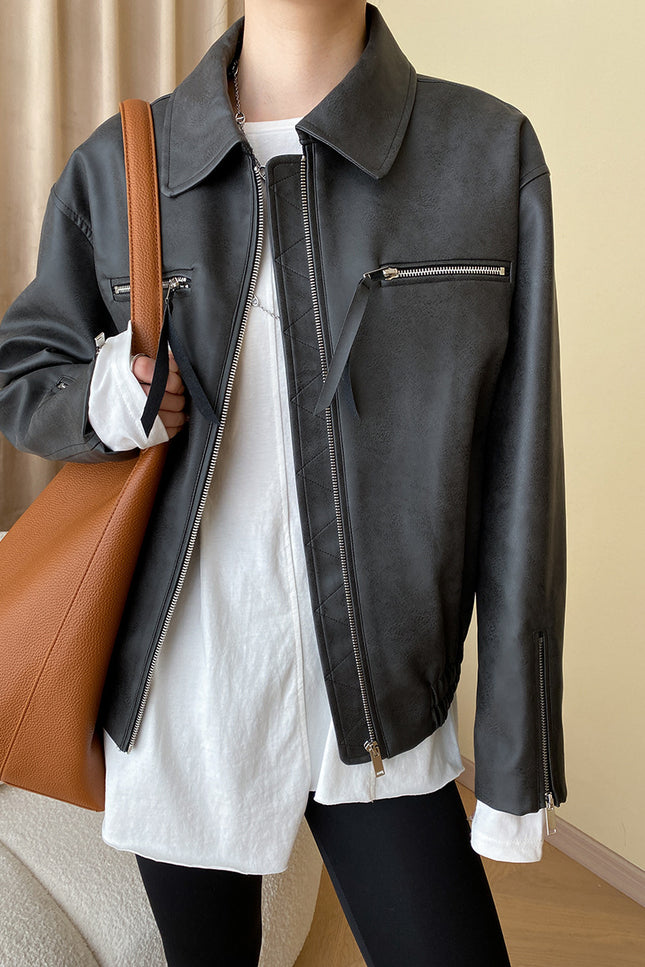 Onbely veste en cuir PU fermeture éclair femme vintage