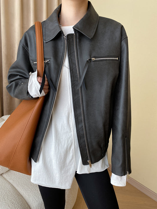 Onbely veste en cuir PU fermeture éclair femme vintage
