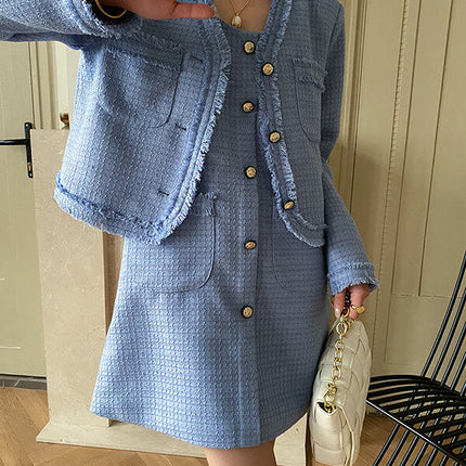 Onbely ensemble veste robe courte tweed boutonnage avec poches femme