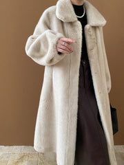 Onbely Women's Long Faux Fur Coat with Lapel Collar