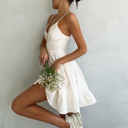 Onbely robe courte trapèze unicolore coton dos nu à fines brides col en V mode décontractée tous les jours vacances