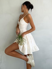 Onbely robe courte trapèze unicolore coton dos nu à fines brides col en V mode décontractée tous les jours vacances
