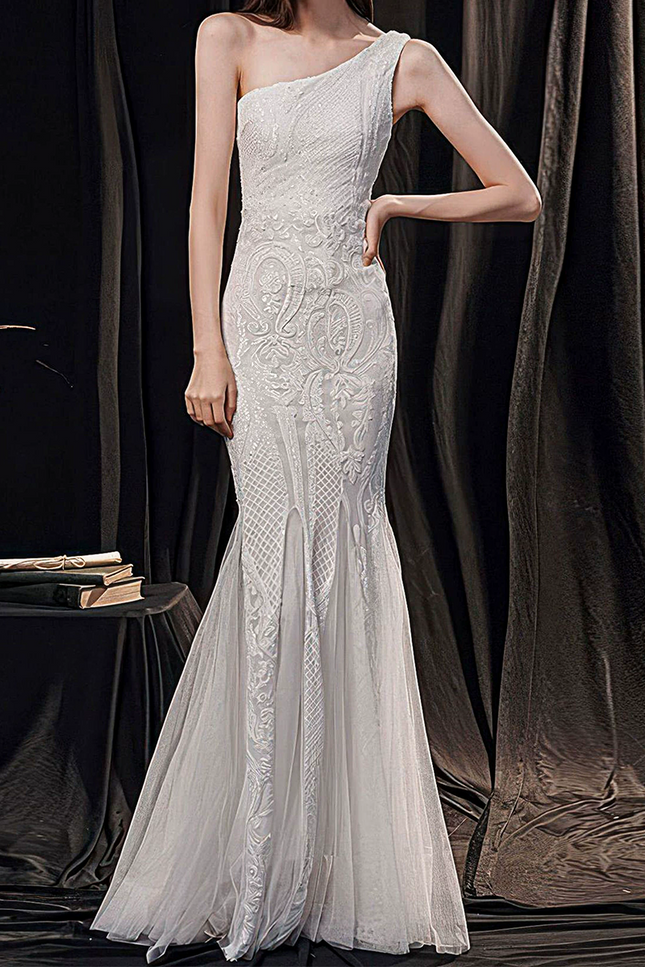 Onbely robe de soirée longue moulante sirene brillante paillette une épaule élégant