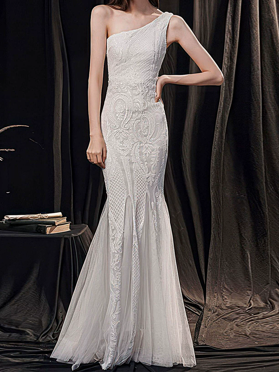 Onbely robe de soirée longue moulante sirene brillante paillette une épaule élégant