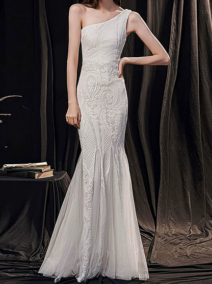 Onbely robe de soirée longue moulante sirene brillante paillette une épaule élégant