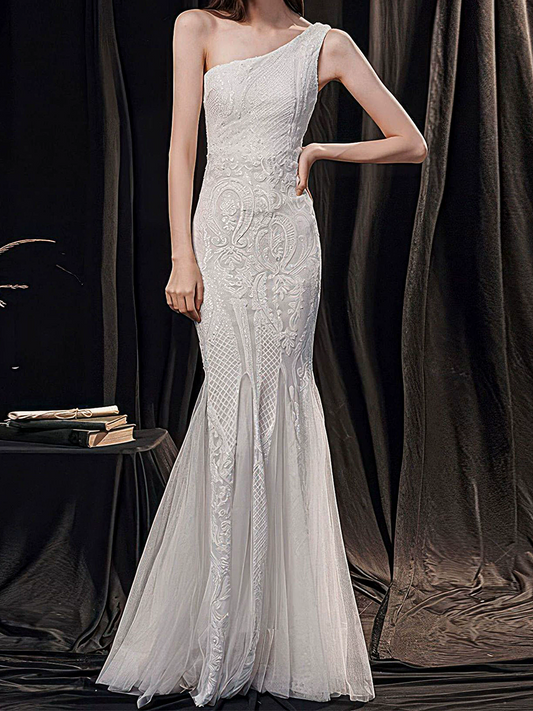 Onbely robe de soirée longue moulante sirene brillante paillette une épaule élégant