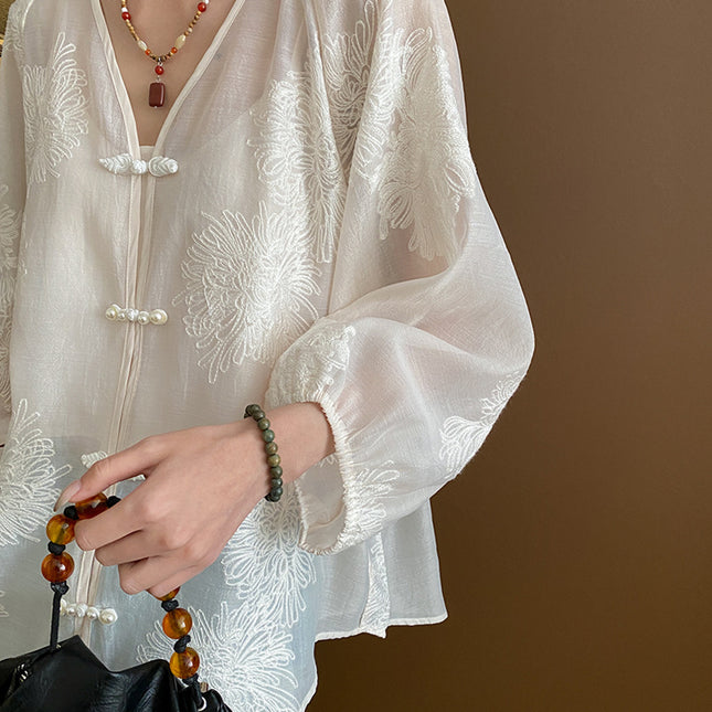 Onbely blouse 2-In-1 bouton chinois à nœud brodée