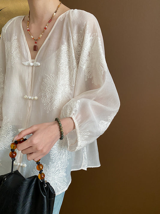 Onbely blouse 2-In-1 bouton chinois à nœud brodée