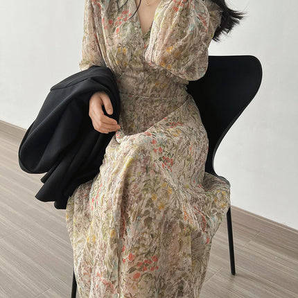 Onbely robe longue imprimé à fleurie manches longues élégant - onbely