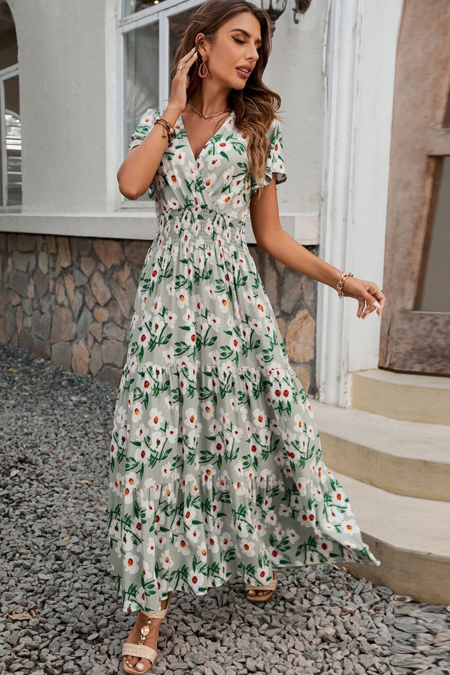 Onbely robe longue fleurs col en V manches courtes mode vacances tous les jours boho dress