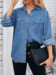 Onbely Casual Long Sleeve Denim Shirt with Pockets