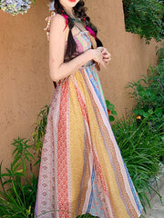 Onbely long dress with floral print and thin straps in multicolor bohemian style