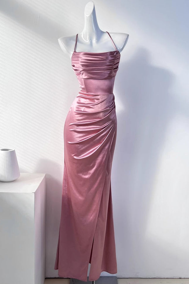 Onbely Robe de soirée longue en satin Fendu côté dos nu & bretelles fines pour événements élégants