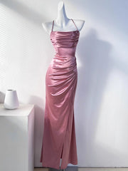 Onbely Long Satin Evening Dress Side Slit Open Back &amp; Thin Straps for Elegant Events