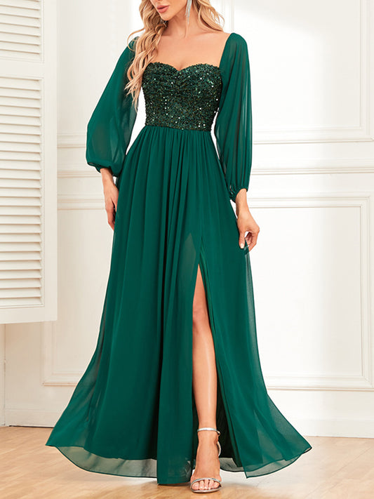 Onbely Robe de soirée maxi longue fendue sur le côté brillante avec paillettes pour un mariage femme cérémonie