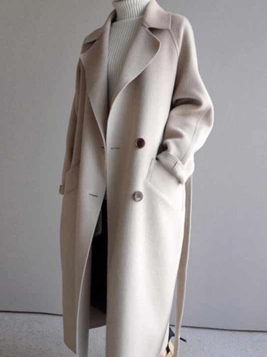 Onbely manteau longue double boutonnage avec poches ceinture femme élégant