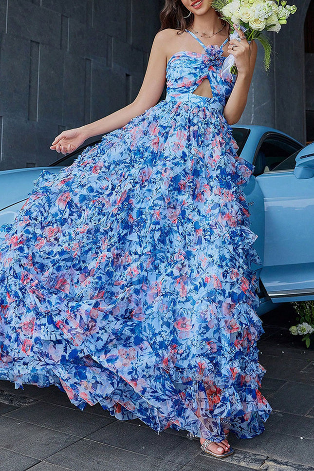 Onbely robe de soirée maxi longue en mousseline imprimée à fleurs dos nu bleue pour un mariage