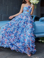 Onbely Blue Floral Print Chiffon Backless Maxi Long Evening Dress for Wedding