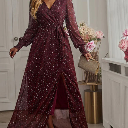 Onbely robe longue fendu le côté brillante paillette ceinture v-cou manches longues élégant de soirée pour mariage