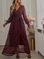 Onbely robe longue fendu le côté brillante paillette ceinture v-cou manches longues élégant de soirée pour mariage