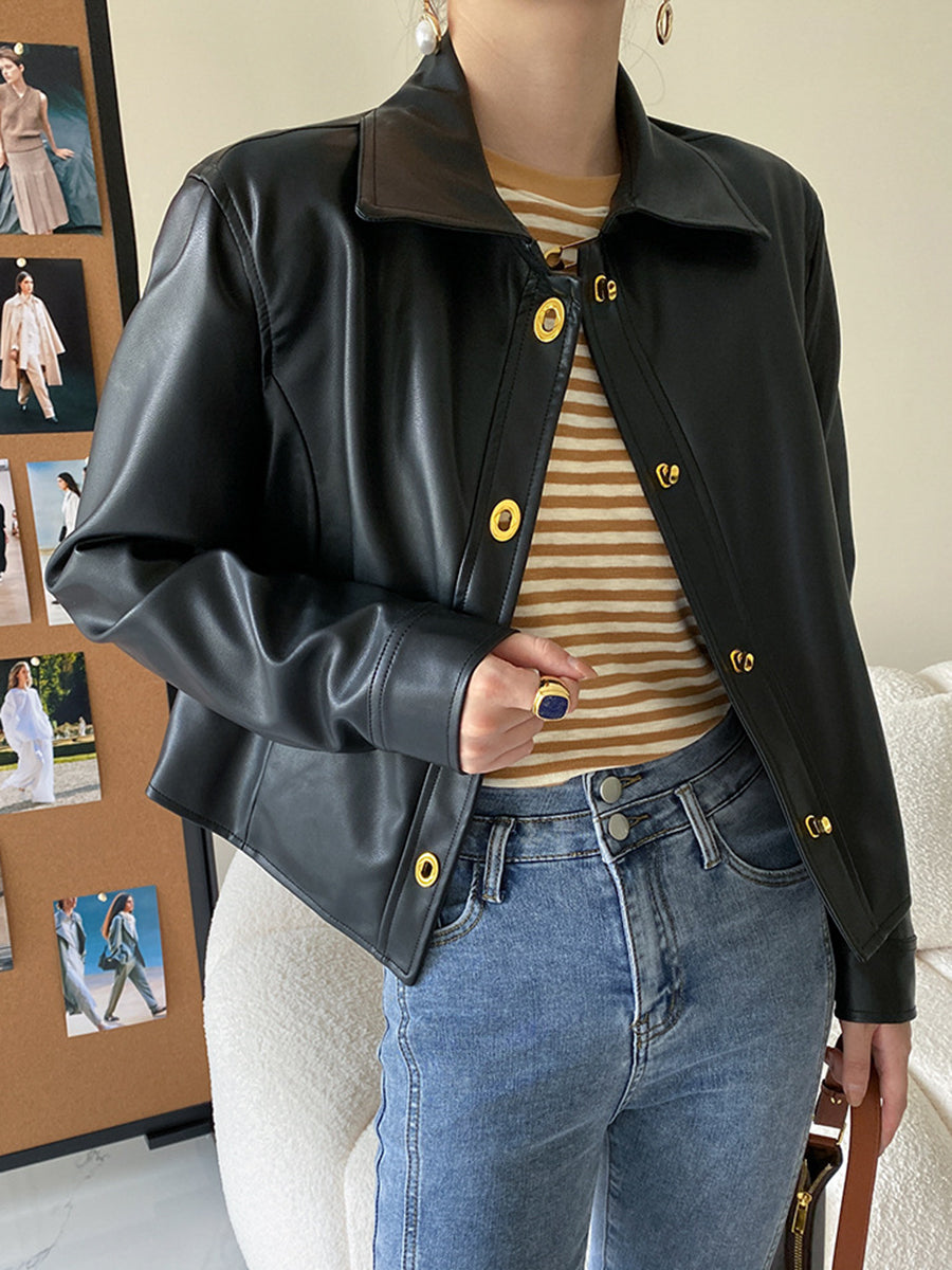 Onbely veste en cuir PU boutonnage femme mode noir