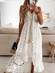 Beautifully long bohemian dress with embroidery and pompoms short front and long back