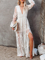 Onbely Long Lace Dress Side Slit V-Neck Bohemian