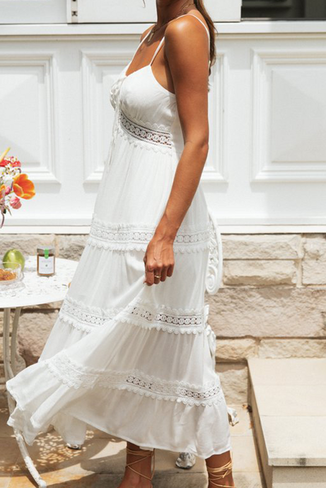 Onbely Robe longue broderie anglaise strappy à fines brides bohème blanc