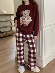 Onbely Women's Christmas Plaid Teddy Bear Fleece Pajama Set