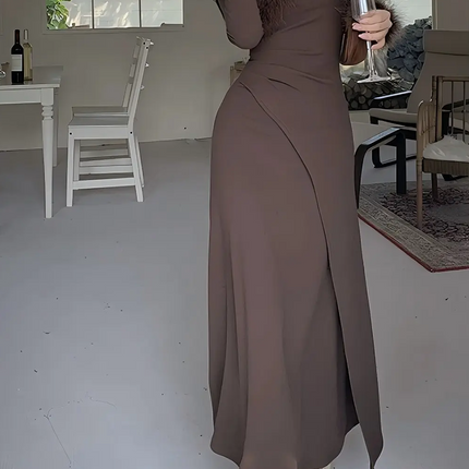 Onbely Robe slim élégante à col en V et manches longues