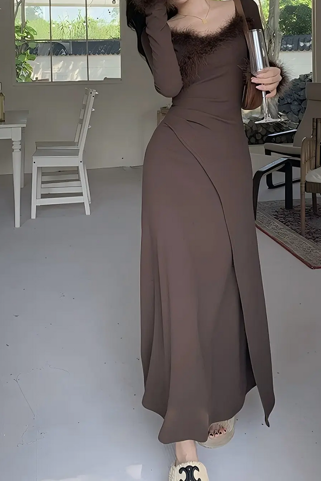 Onbely Robe slim élégante à col en V et manches longues