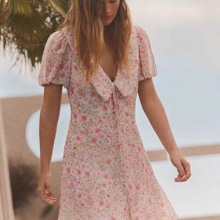 Onbely robe courte trapèze imprimé à fleurie col en V manches courtes élégant tous les jours vacances