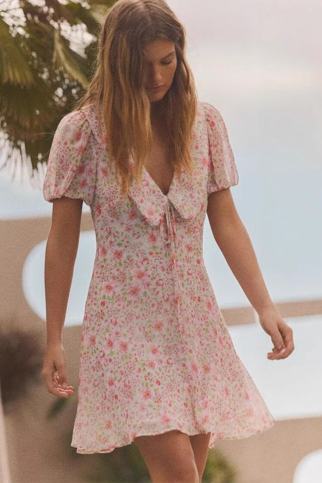 Onbely robe courte trapèze imprimé à fleurie col en V manches courtes élégant tous les jours vacances