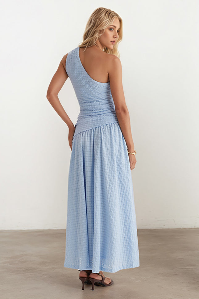 Onbely robe longue trapèze  unicolore    une épaule col asymétrique  taille marquée mode élégant tous les jours bureau boho dress