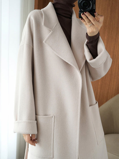 Onbely manteau en laine longue avec poches ceinture pour femme