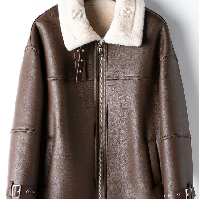 Onbely manteau aviateur simili cuir fermeture éclair femme hiver