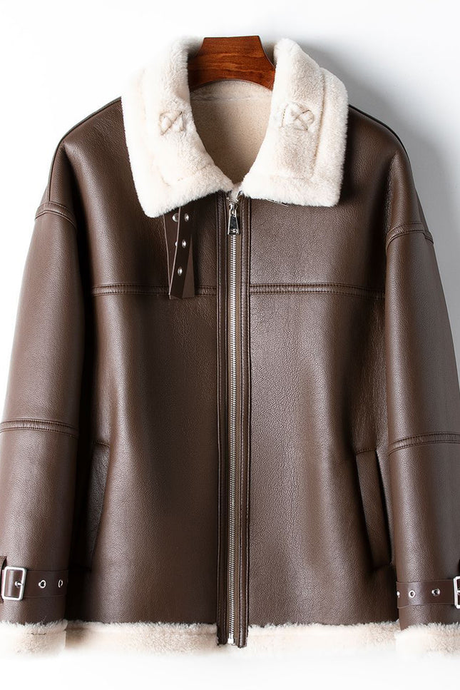 Onbely manteau aviateur simili cuir fermeture éclair femme hiver