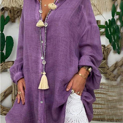 Onbely mi-longue blouse robe oversized boutonnage manches longues femme bohème chemisier boho dress