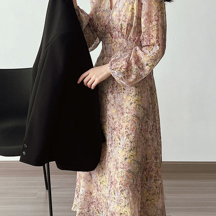 Onbely robe longue imprimé à fleurie manches longues élégant - onbely