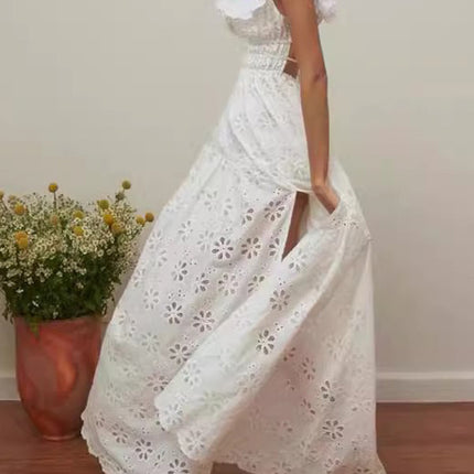 Onbely robe longue dos nu en broderie anglaise blanche fendue sur le côté mode boho dress