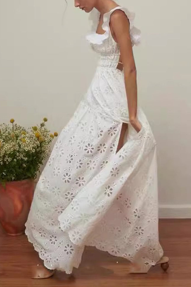 Onbely robe longue dos nu en broderie anglaise blanche fendue sur le côté mode boho dress