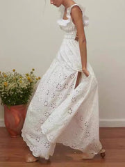 Onbely long backless dress in white English embroidery with side slit fashion