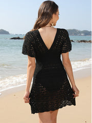 Onbely mi-longue robe unicolore col en V manches au coude taille élastique hawaienne vacances plage