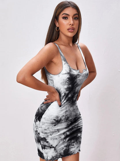 Onbely robe courte tie and dye imprimé à fleurie coton bretelle col carré cintrée mode tous les jours vacances