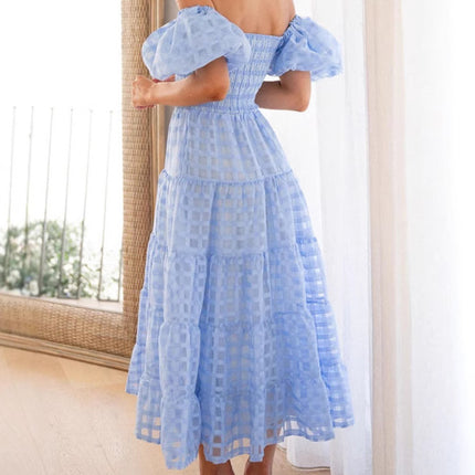 Onbely mi-longue robe carreaux col bateau manches bouffantes cocktail