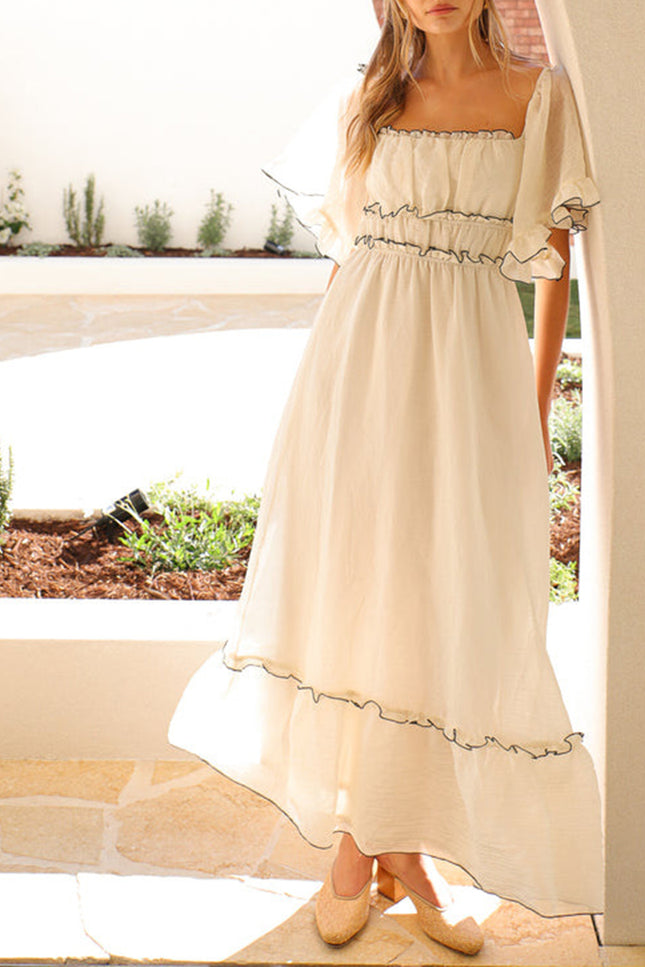 Onbely robe longue liseré noir col carré bal de promo beige boho dress