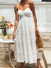 Onbely Long boho cotton dress with thin straps, drawstring neckline, lace inserts and lace bands