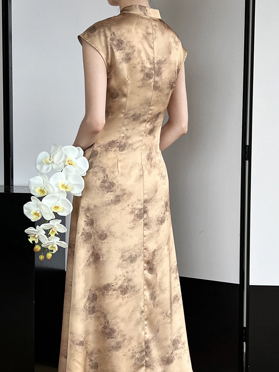 Onbely Cheongsam Qipao Gold Satin Elegant Sleeveless