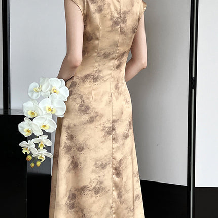 Onbely Cheongsam Qipao Satin Dorée Élégant Sans Manches