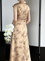 Onbely Cheongsam Qipao Satin Dorée Élégant Sans Manches